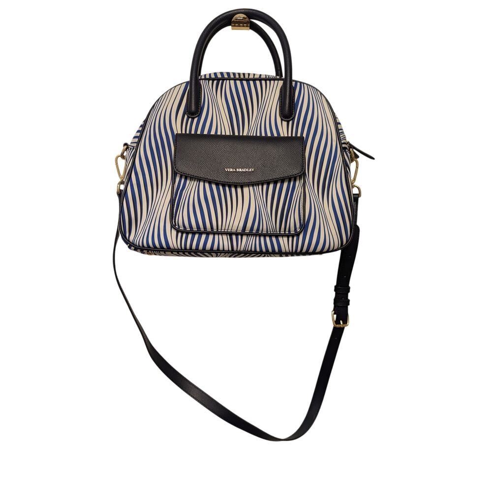 Vera Bradley Bowler Satchel Purse Navy Wavy Blue & White Striped Everyday Casual
